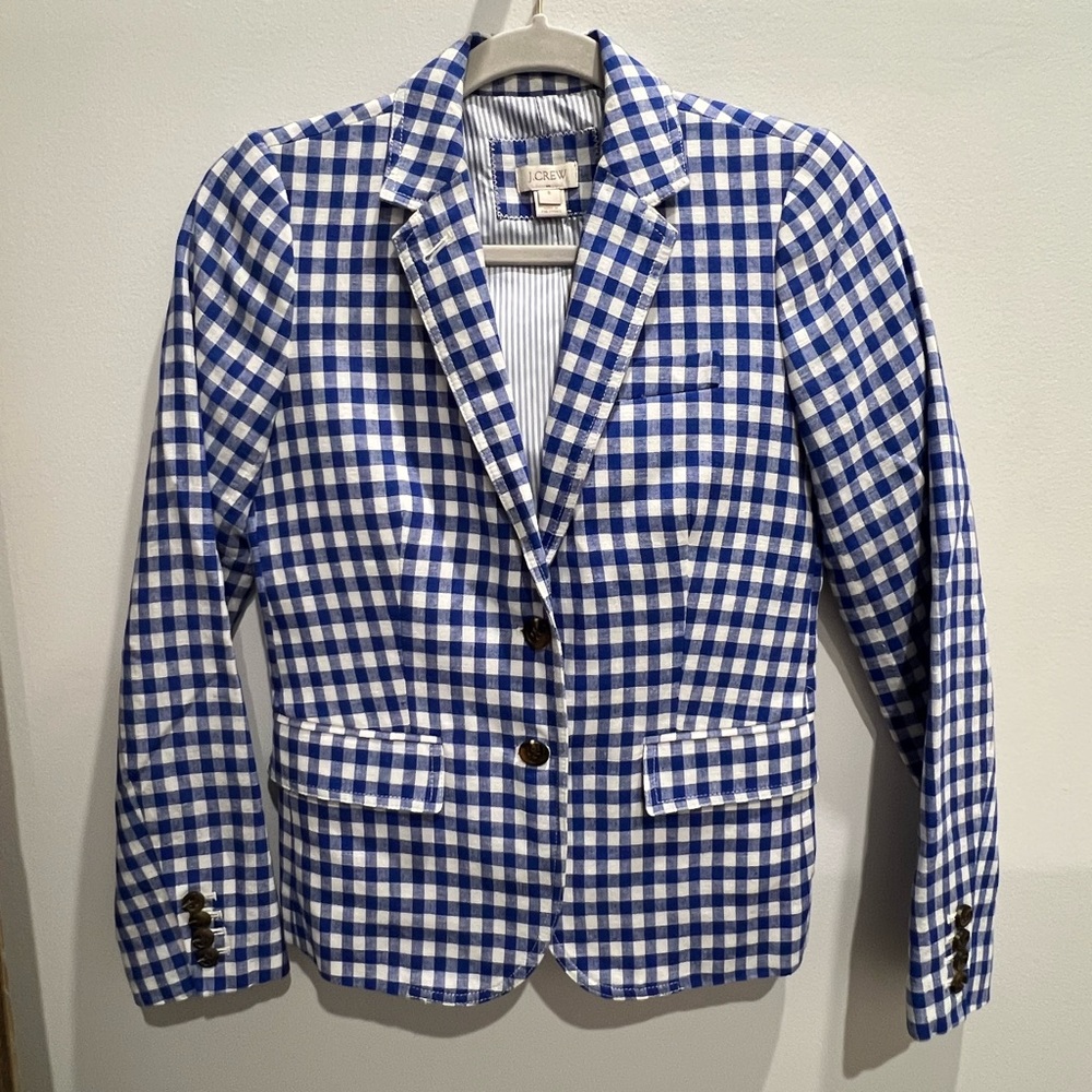 J Crew Blue & White checked, linen/cotton blend blazer jacket size 0